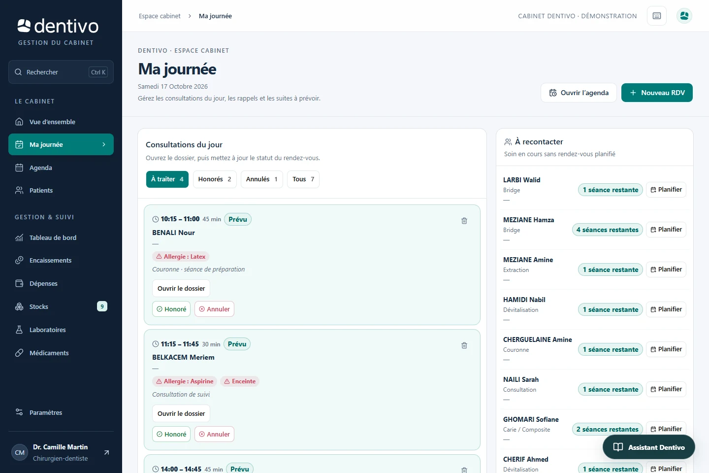 Une journée qui commence clairement. Capture de Dentivo avec des données de démonstration.