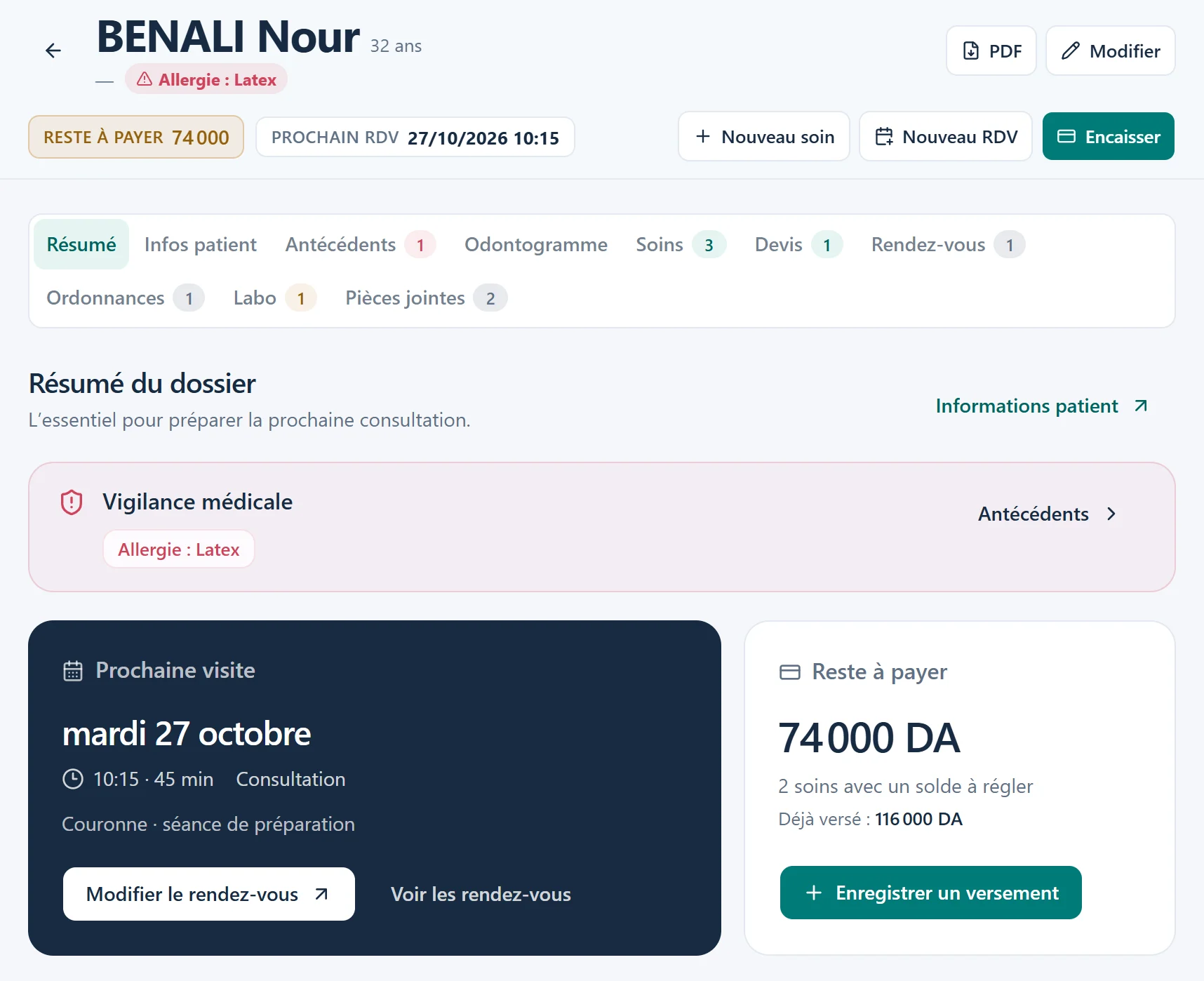 Le résumé patient Dentivo réunit les alertes, les soins et les rendez-vous. Données fictives.