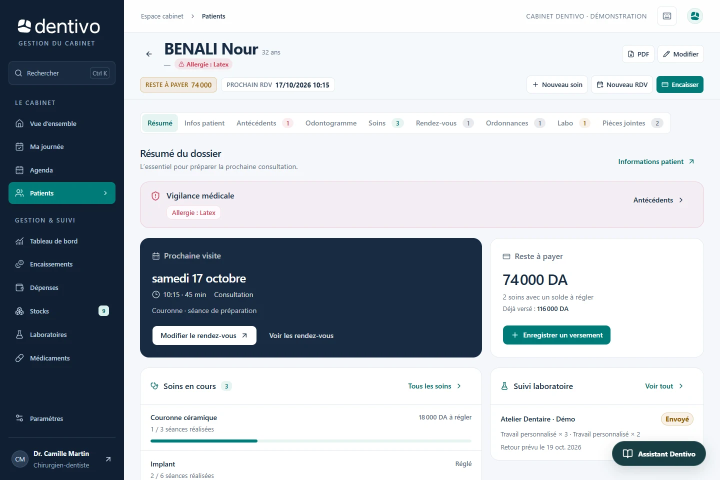 Le résumé patient Dentivo réunit les alertes, les soins et les rendez-vous. Données fictives.